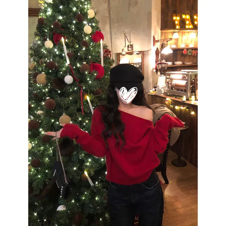 圣诞穿搭 单面工艺宽松一字领毛衣秋季慵懒简约针织衫上衣女