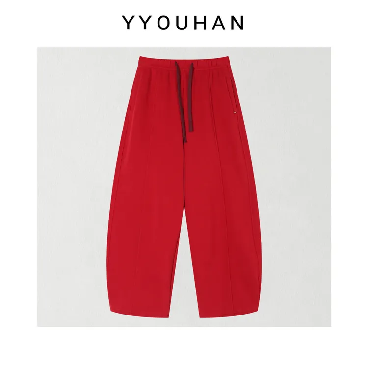 月月 小众设计极简立体剪裁加绒厚款中国红百搭休闲裤 2512C9106