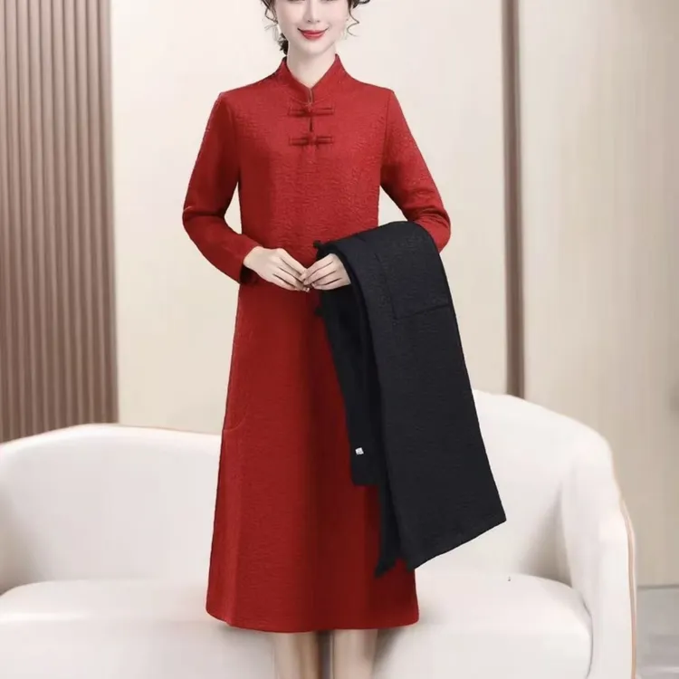 常规秋冬长袖中国风秋季连衣裙显瘦时尚加厚旗袍中式中长款修身