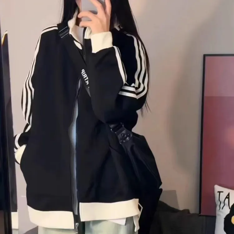 撞色拼接立领卫衣外套女春秋百搭宽松中长款拉链棒球服运动上衣服