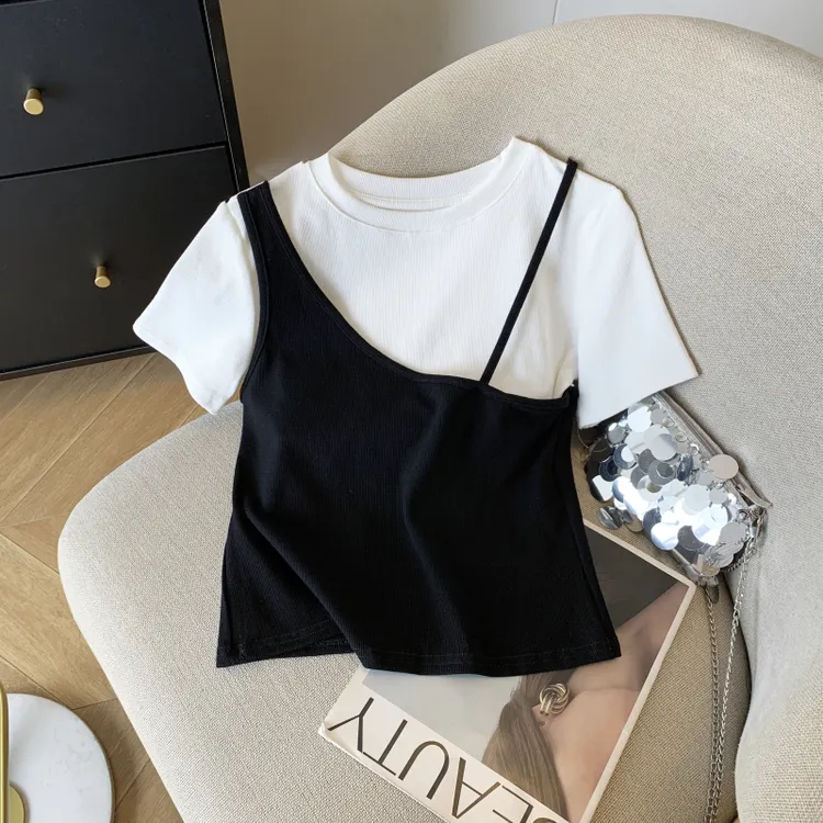 假两件正肩短袖t恤女装2025新款夏季拼接圆领不规则修身体恤上衣