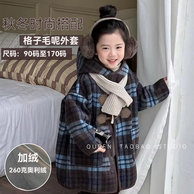 韩国女童加绒连帽格子呢大衣2025冬季新品宝宝洋气长款一体绒外套