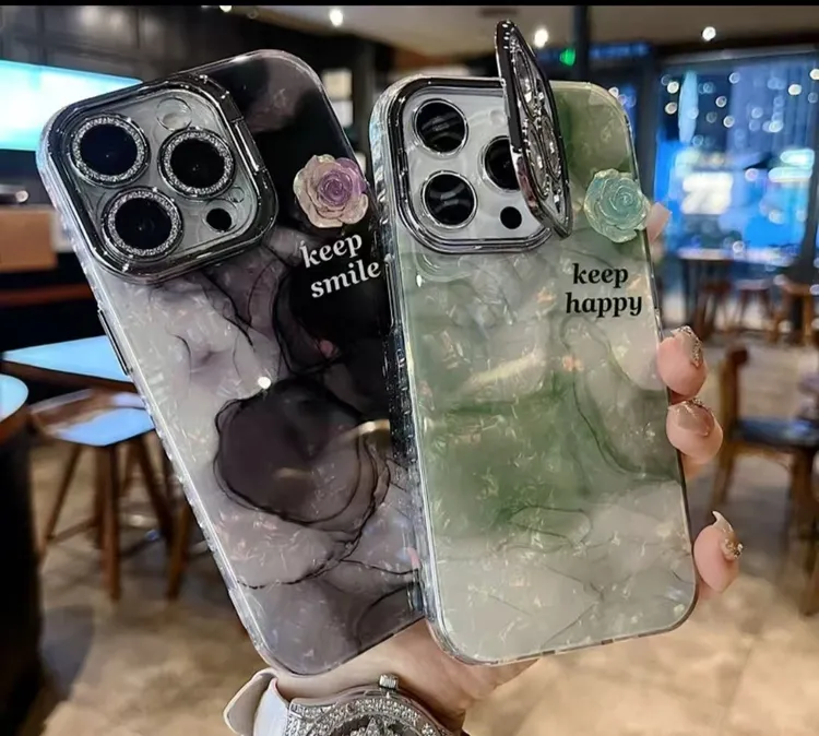 适用苹果系列iPhone16新款手机壳晕染立体山茶花银灰闪粉镜头支架