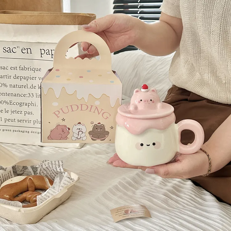 可爱布丁陶瓷杯高颜值马克杯带盖带勺生日礼物送女生杯子陶瓷水杯