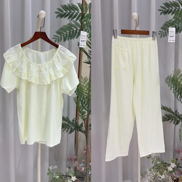 女士纯色舒适短袖长裤睡衣套装