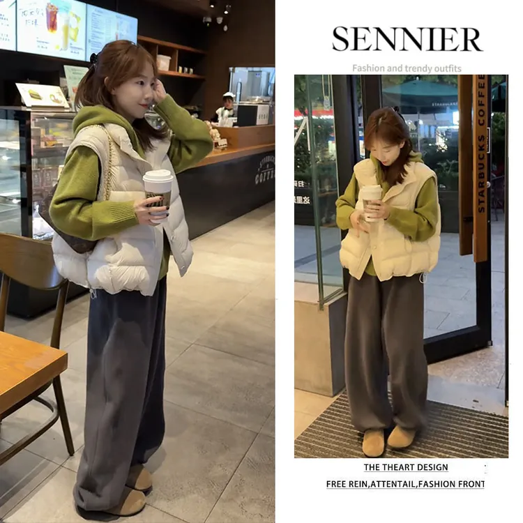 秋冬穿搭女2025新款韩系百搭连帽针织衫棉服马甲显瘦阔腿裤三件套