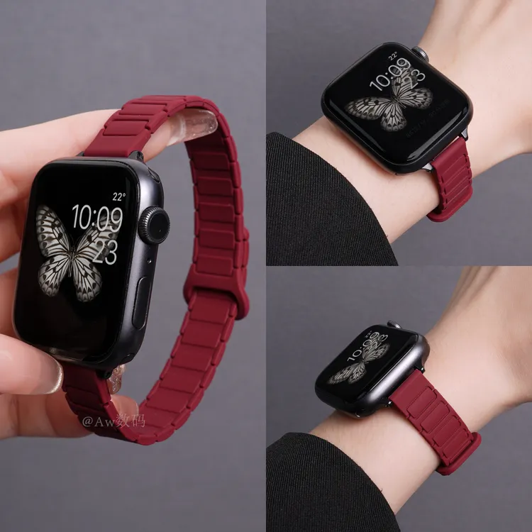 适用苹果S10手表iwatch表带applewatchs9s8磁吸7硅胶酒红表带女