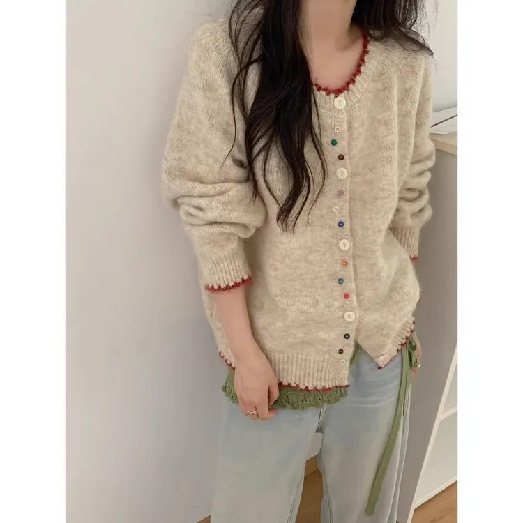 韩系复古波浪纹圆领彩色纽扣设计感针织开衫女宽松软糯毛衣外套秋