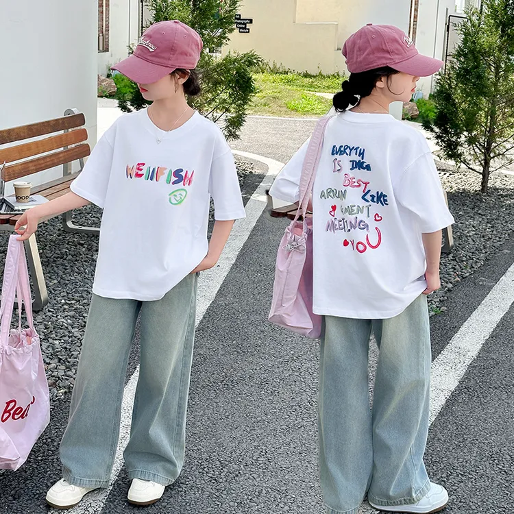 女童夏装套装8中大童女装儿童夏季休闲短袖T恤薄款牛仔裤两件套潮