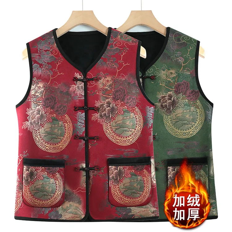 奶奶秋冬盘扣加绒加厚马中老年唐装背心妈妈坎肩老花色马夹保暖