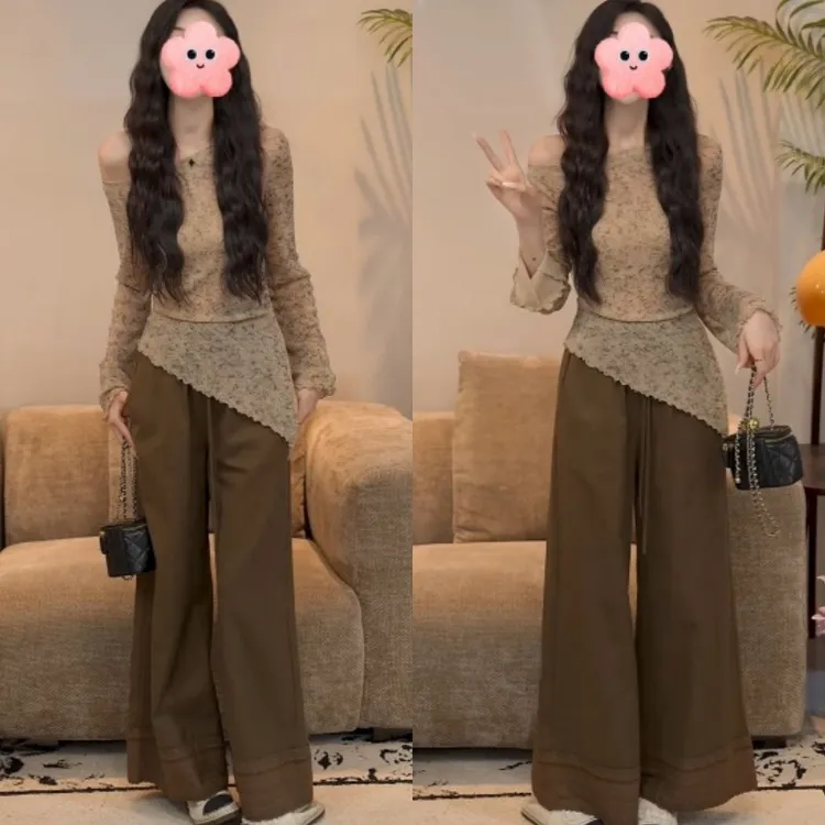 【一树瑶樱】2025秋季新款长袖T恤上衣+百搭休闲阔腿裤LK2505553