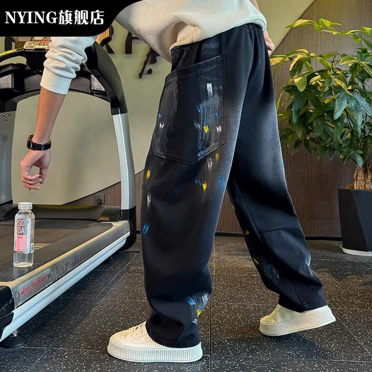 NYING夏涂鸦弯刀裤男款宽松直筒裤痞帅男裤2025新款阔腿潮牌休闲