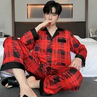 缎面睡衣男士春秋季开衫长袖结婚新婚红色本命年家居服冰丝绸套装