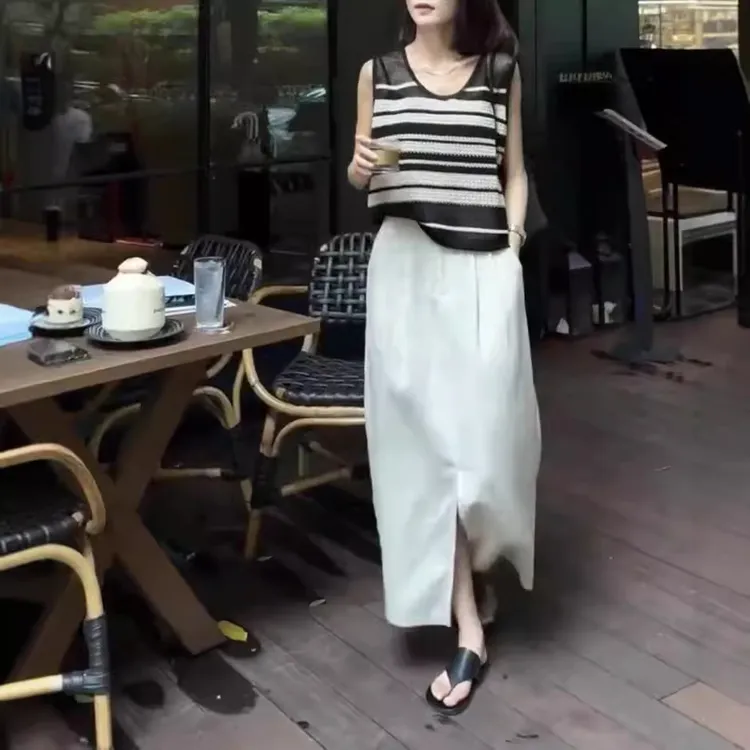 新款韩版时尚无袖条纹背心高腰开叉半身裙女
