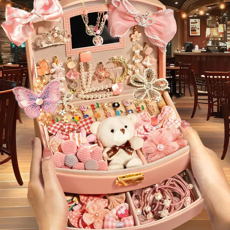 高端儿童首饰盒公主饰品套装礼盒小女孩发饰女童发夹大容量收纳盒