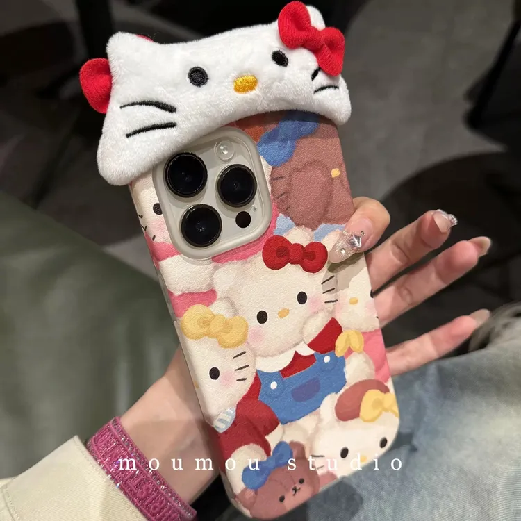 冬日超萌戴帽子KT猫适用苹果16promax新款iPhone15手机壳14皮质13