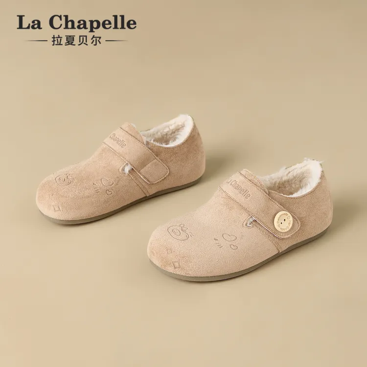 拉夏贝尔女毛毛鞋2026冬季新款加绒保暖勃肯鞋趣味印花加绒雪地靴