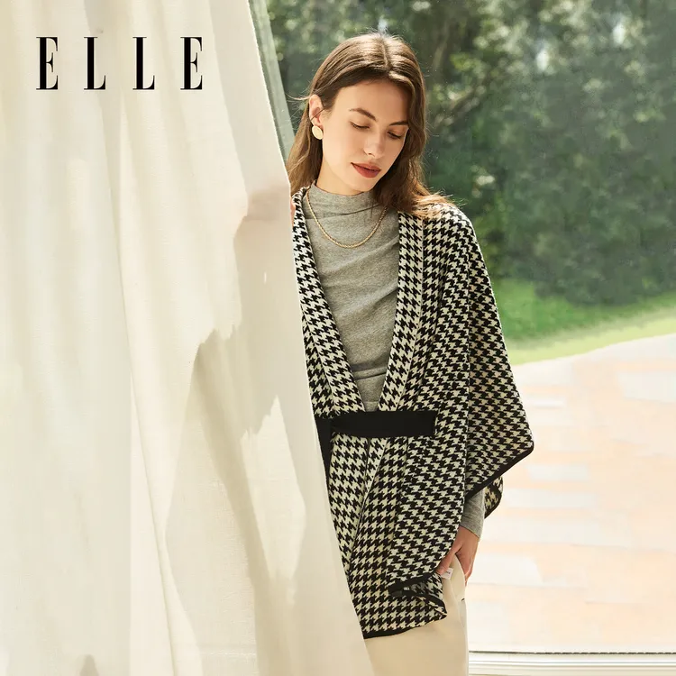 ELLE羊毛披肩2025新款秋冬女千鸟格空调房针织保暖斗篷36WE26017