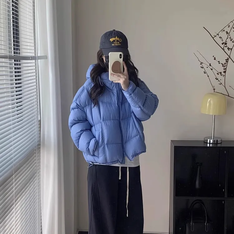 90白鸭绒韩版宽松短款羽绒服女泡芙龟背面包服小个子设计感小众蓝