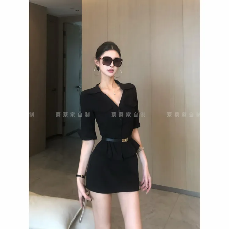 蔡蔡家「墨尔本街头」御姐风高冷半袖衬衫包臀半身裙两件套66880#