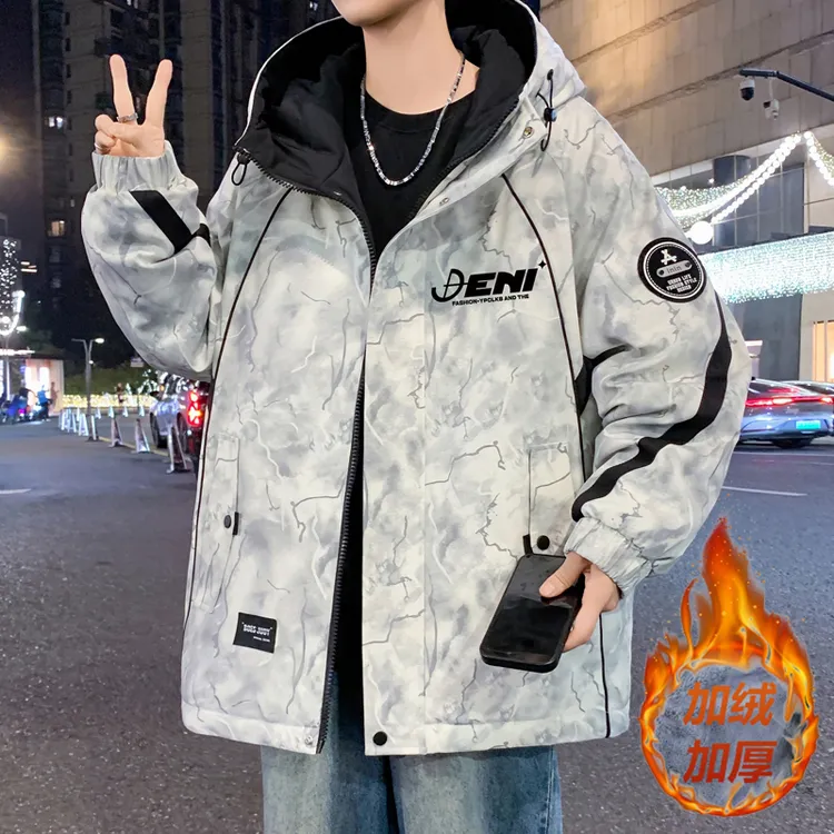 秋冬季新款青少年帅气时尚连帽休闲夹克加绒加厚百搭舒适外套男潮