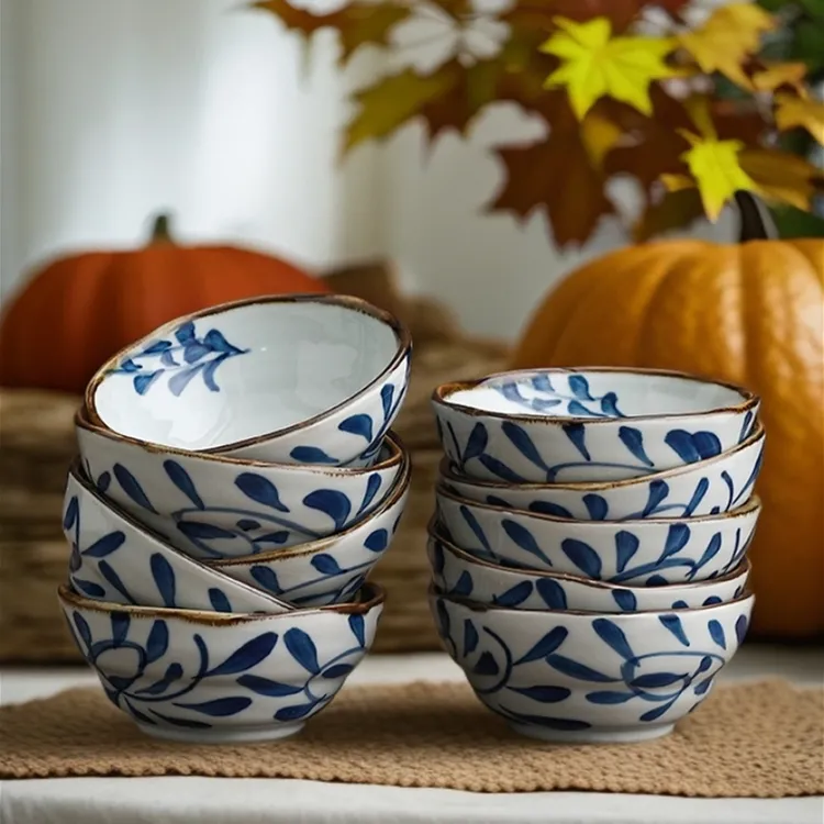 手绘勾藤家用陶瓷小碗吃饭碗餐具米饭碗农家餐厅小吃碗创意日式