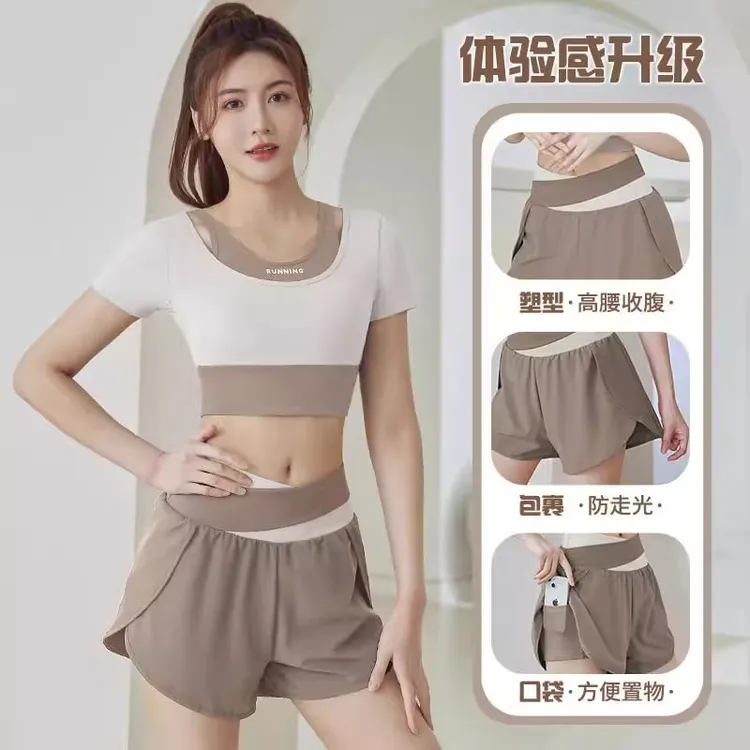 健身服女假两件运动短裤速干训练大码瑜伽高腰提臀跑步套装显瘦