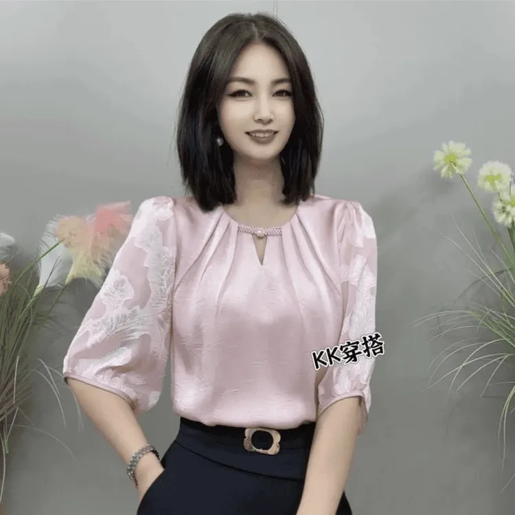 夏季新款提花雪纺衬衫七分袖简约通勤提花上衣设计感衬衣上衣气质