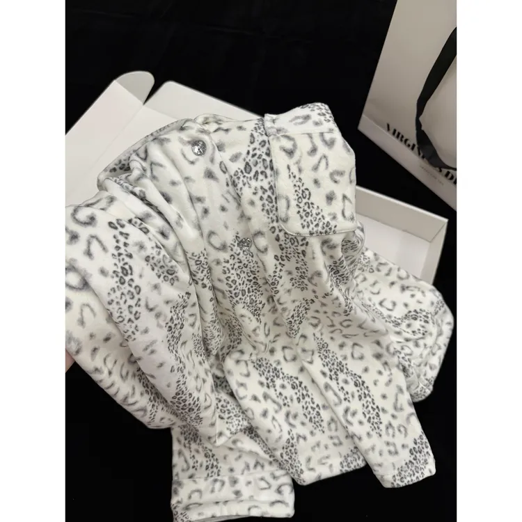 韩系甜美豹纹印花德绒睡衣女秋冬季新款大码慵懒风家居服两件套