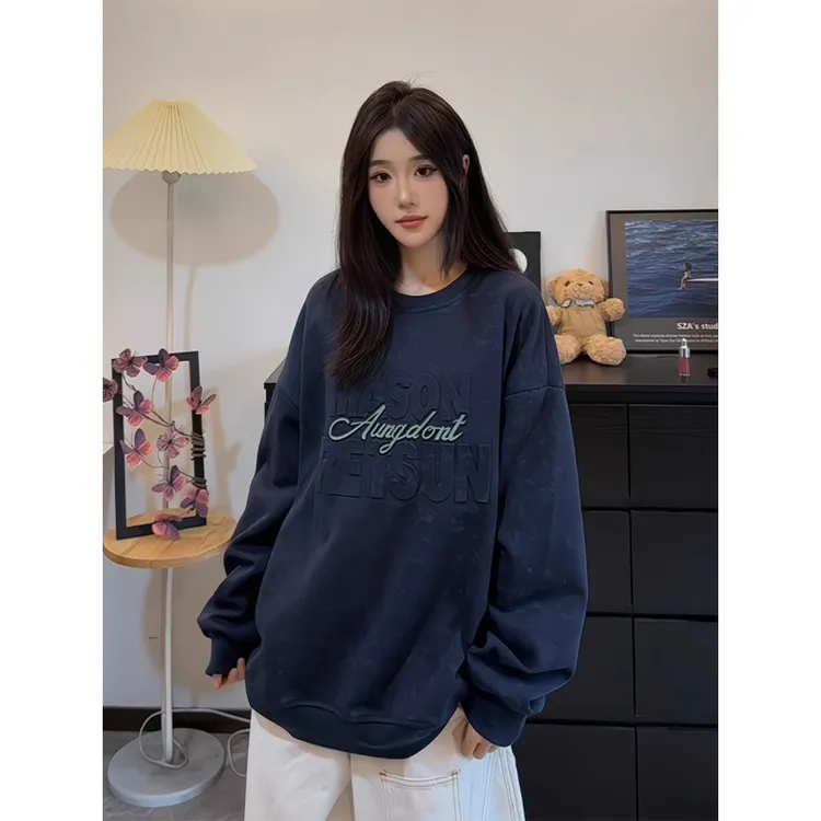 boxy藏青色扎染钢印卫衣男女款秋季美式重磅硬挺外套oversize上衣