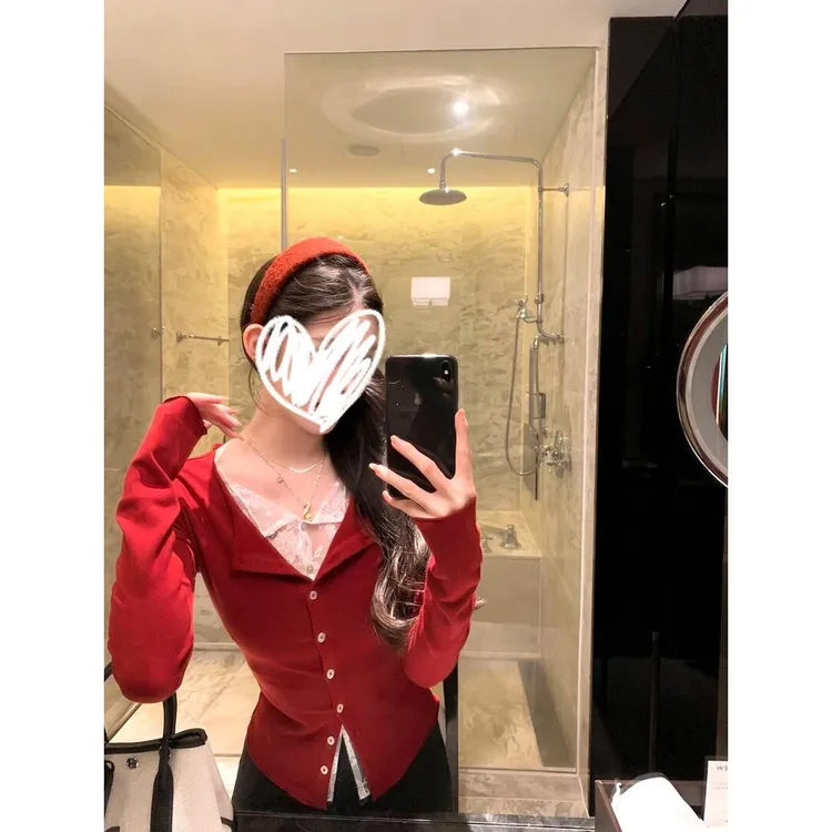 法式气质修身红色蕾丝拼接假两件上衣900041