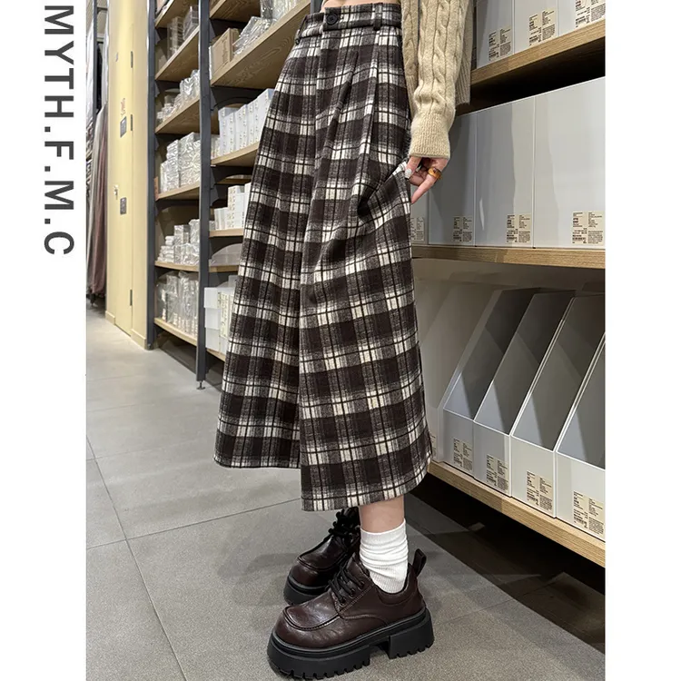 咖色格子毛呢小个子巨好看的裤子女秋冬季宽松直筒九分高腰阔腿裤
