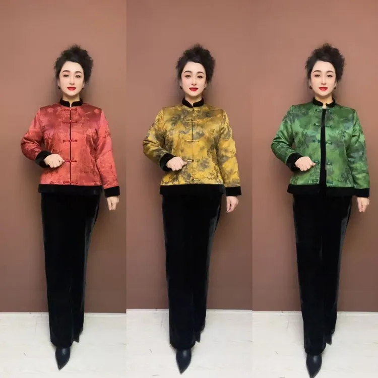 808款气质妈妈冬装棉服短款中老年冬季加厚保暖国风盘扣棉袄套装