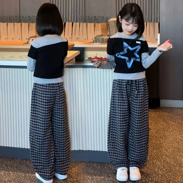 女童秋季套装2025新款韩版假两件上衣儿童中大童格子阔腿裤两件套