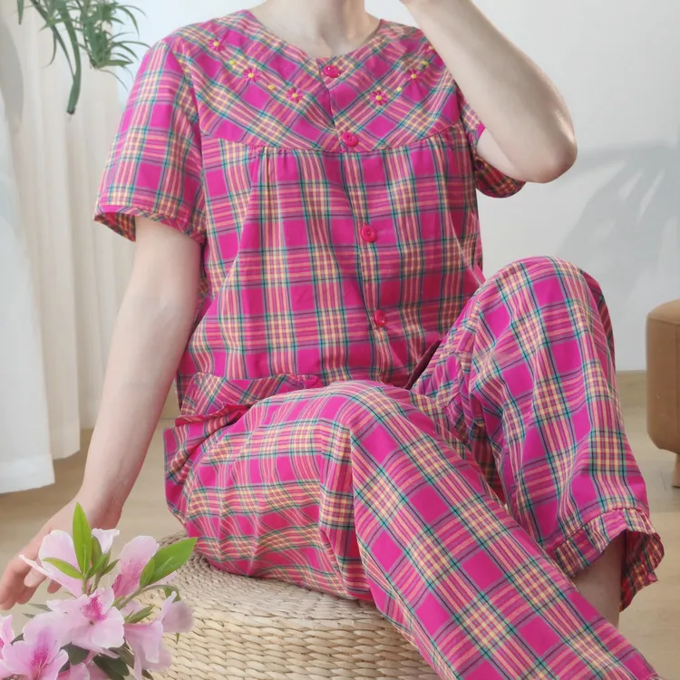 女士纯棉色织棉布圆领春夏薄款睡衣家居服套装中年妈妈大码格子