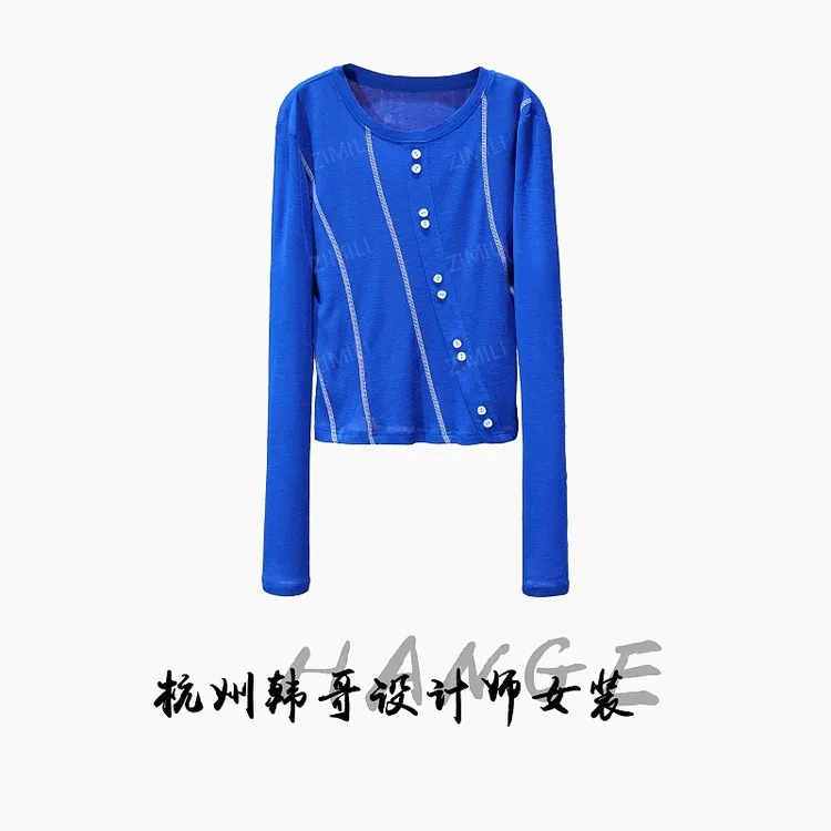 【韩哥女装】秋季克莱因蓝欧版设计圆领时尚休闲高弹上衣8031-A4