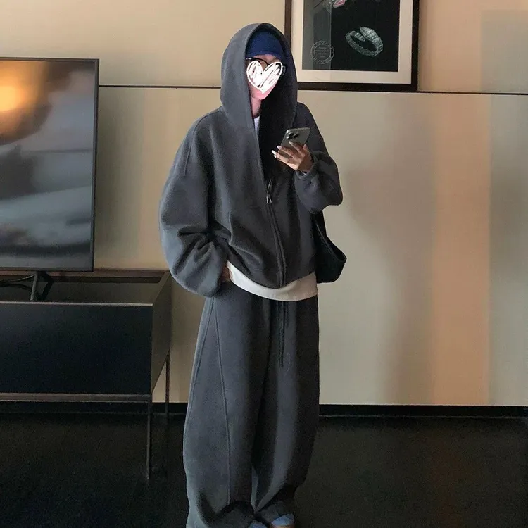 秀家～秋冬灰色奥粒绒加厚连帽卫衣外套搭配阔腿裤慵懒风套装