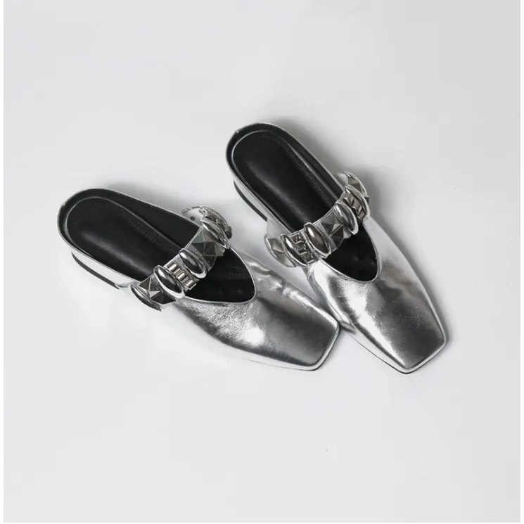 内增高包头女凉拖粗跟银色单鞋女鞋外穿夏季方头跟鞋女款穆勒鞋