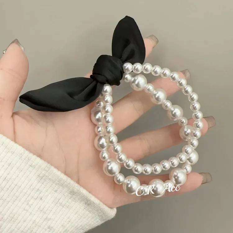 韩式东大门高级仿珍珠皮筋女手链蝴蝶结绳珍珠手链扎丸子发圈头绳