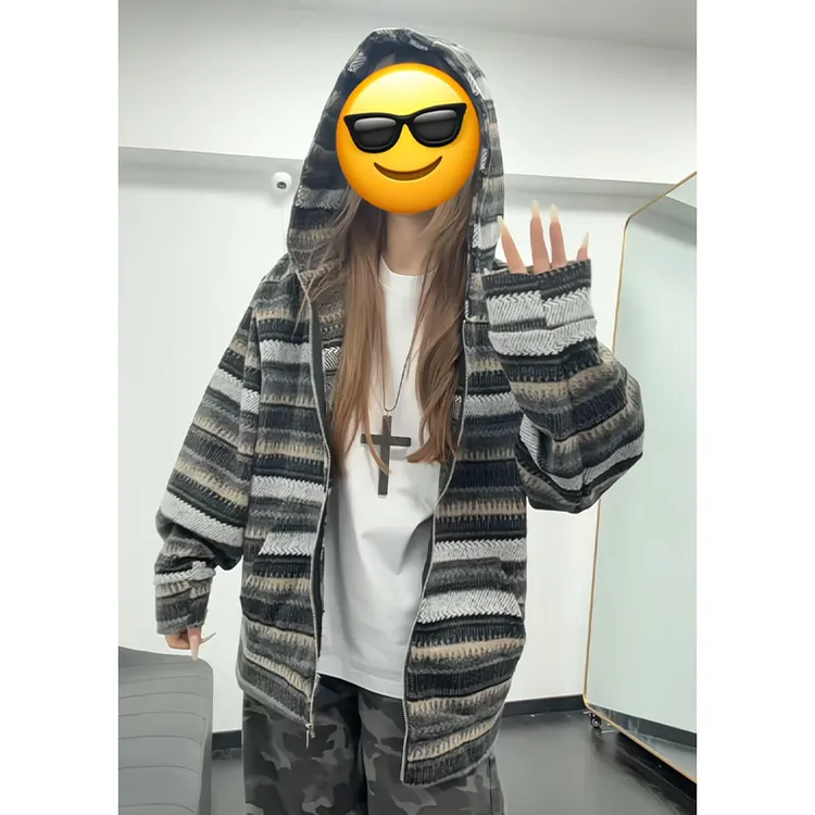 日系慵懒条纹秋季新款卫衣男女同款美式复古毛呢宽松休闲帽衫外套