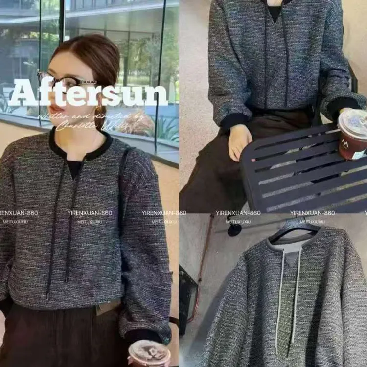 秋厚款系带网红灰色奶茶系女士加绒女针织卫衣套头款