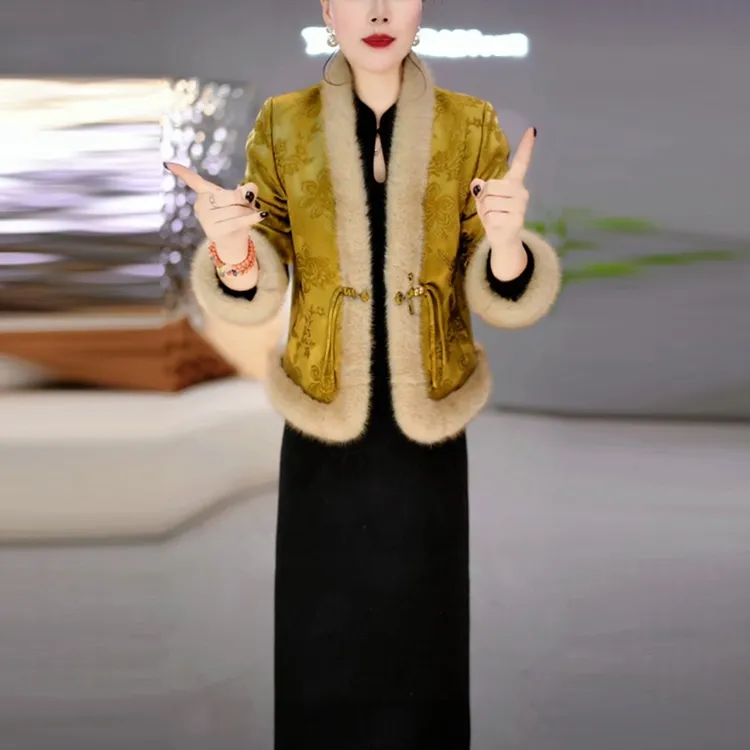 气质国风夹棉保暖裙子套装冬季新款爆款洋气显瘦高贵两件套连衣裙