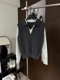 [DAJUNJUN高级灰假两件针织马甲拼接条纹衬衫上衣 SY0191