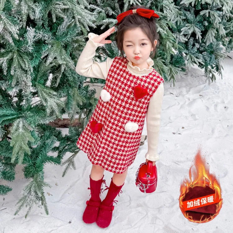 女童连衣裙秋冬装洋气宝宝加绒公主裙套装爱心格子小香风背心裙子