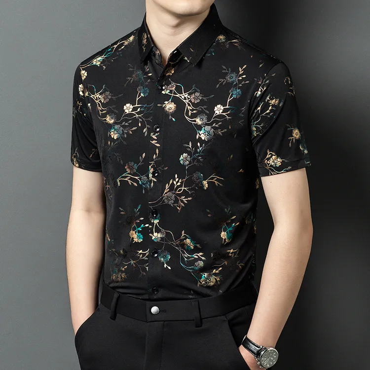 老爷车男士夏季短袖薄款高档印花中青年仿真丝衬衫潮流休闲衬衣