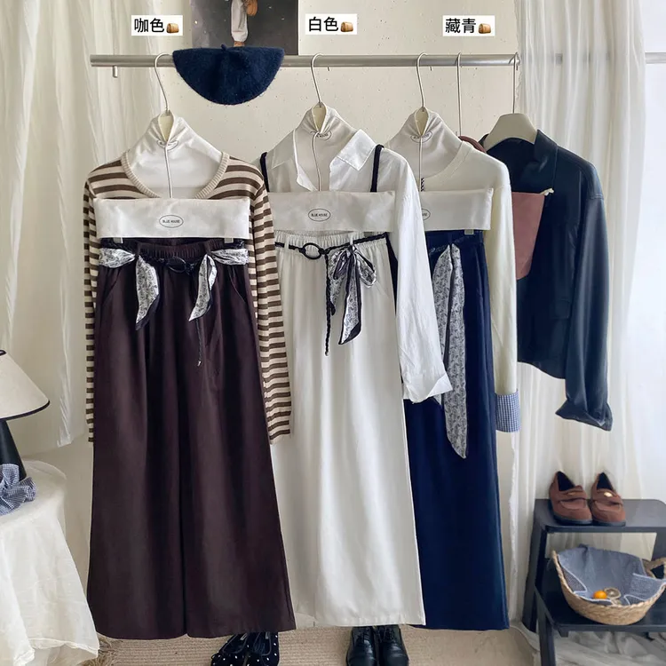 高档轻奢感法式编织腰带丝巾阔腿裤女秋季高腰宽松显瘦直筒休闲裤