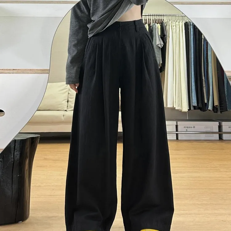 黑色阔腿牛仔裤女秋季新款褶皱设计高腰肌理感宽松显瘦垂感拖地裤