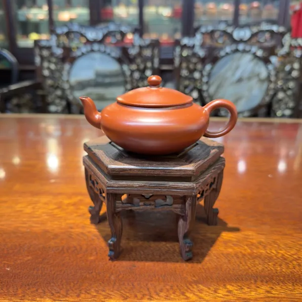 潮州手拉朱泥壶全手工扁灯壶全手工原矿朱泥紫砂壶壶130cc