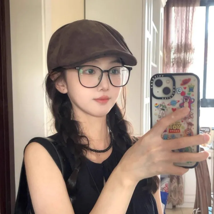 2025新款麂皮绒前进帽女英伦风复古大头围贝雷帽小众百搭画家帽子