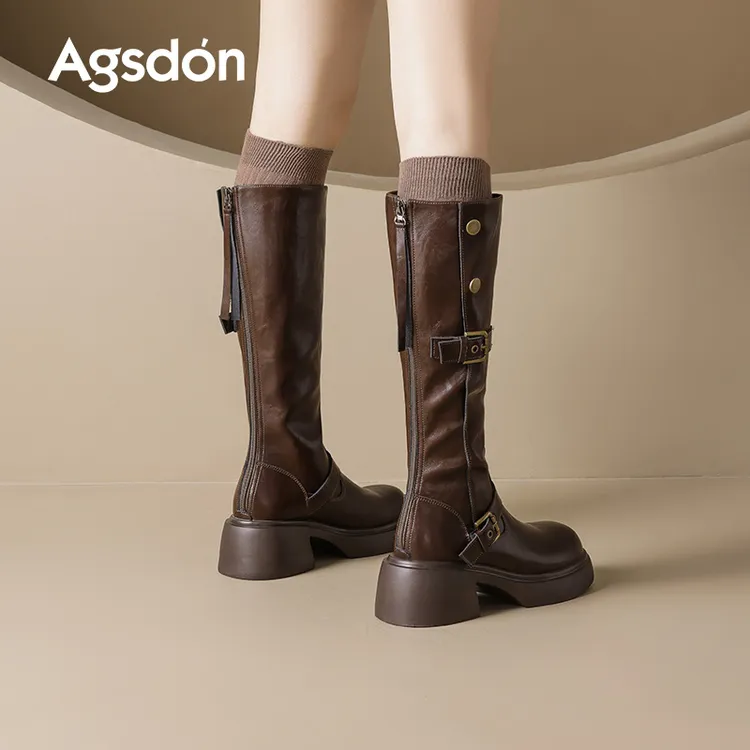 奥古狮登棕色长筒靴女靴2025新款秋季厚底增高百搭美拉德骑士靴子